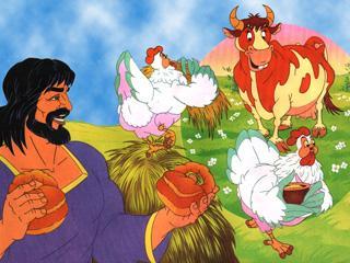 Курочка принесла калачи косарям, косари дали сена. Принесла сено корове, корова дала маслица.