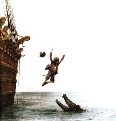 капитан Крюк Пират падает с корабля в воду к крокодилу