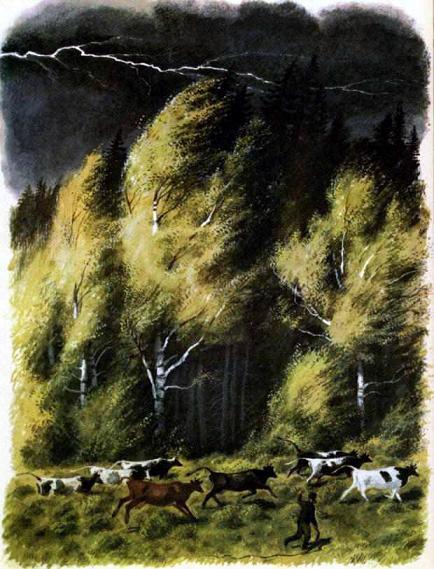 стадо коров испугалось молнии побежали в лес