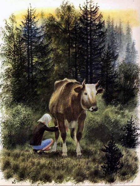девочка доит корову в лесу