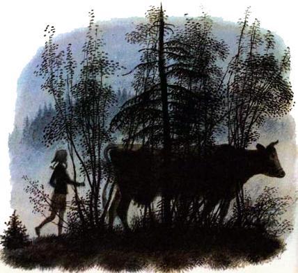 девочка и корова бредут по лесу