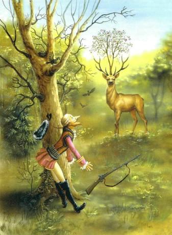 барон Мюнхаузен и олень с вишневым деревом на голове
