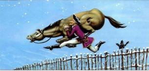 барон Мюнхаузен перепрыгивает через забор с лошадью на плечах