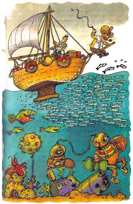 капитан Врунгель и Лом плывут на яхте Беда рыбы тянут