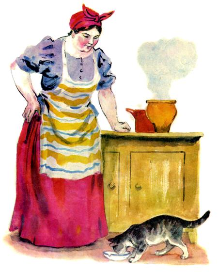 хозяйка и кошка на кухне