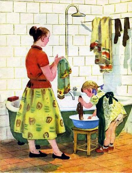 девочка Натка и мама стирают вещи