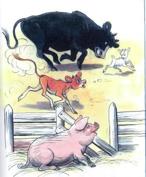 бык и теленок преследуют бегут за козленком свинья в загоне
