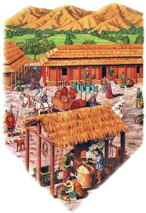 Китайская деревня в 1500 г. до н.э. На переднем плане ремесленники выплавляют бронзу.