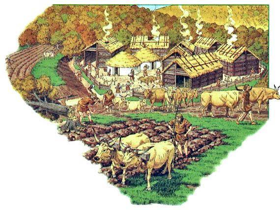 Земледельческая община в 1500 г. до н.э. Для обработки земли у крестьян были примитивные плуги, в качестве тягловой силы использовали быков.