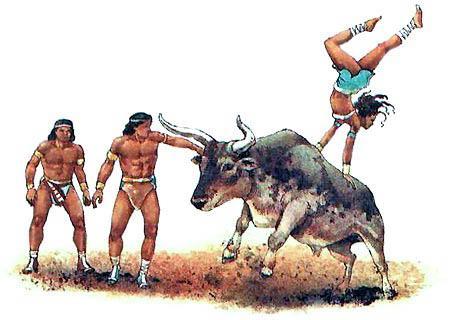 Юноши и девушки занимались опасным спортом: хватали быка за рога и кувыркались через его спину.