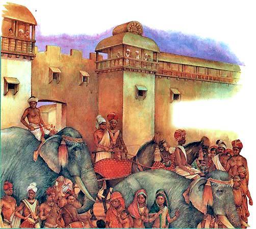 Император Чандрагупта Маурья въезжает в свою столицу Магадху во главе процессии слонов.