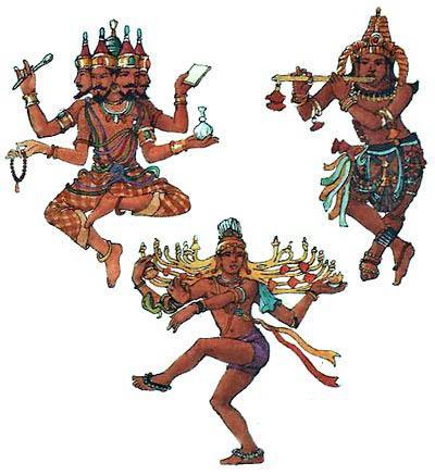 В индуизме есть тысячи богов и богинь. Тремя верховными богами являются Брахма (вверху слева), Вишну (вверху справа) и Шива (внизу).