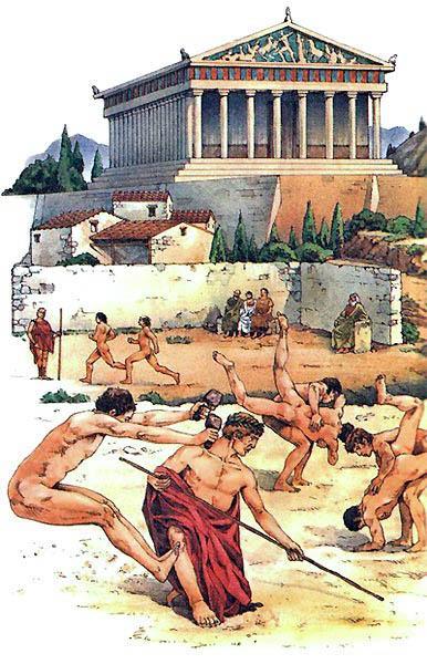 Греческие атлеты тренировались, готовясь к спортивному празднику, который проводили в Олимпии, расположенной в Южной Греции, каждые 4 года.