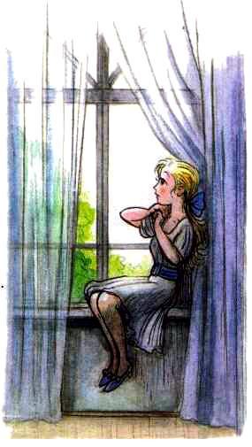 девочка Андреа у окна ждет на подоконнике