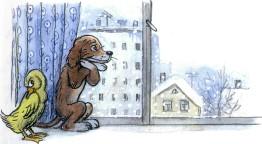 щенок и утенок у окна зима за окном