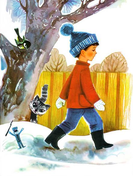 мальчик идет по снегу вдоль забора по улице