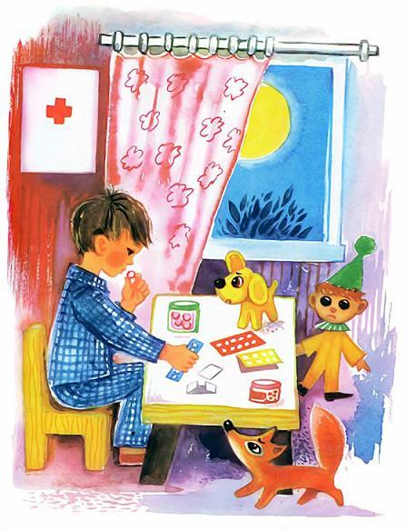 мальчик пьет лекарства за столиком и игрушечный пёсик