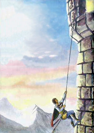 принц карабкается по веревке на верх в башню замок