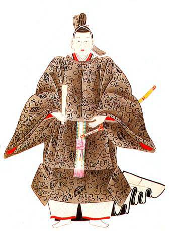 На этой картинке из книги времен Токугава нарисован сегун в придворном убранстве. Вместо двух обычных для воина-самурая мечей у него лишь один.