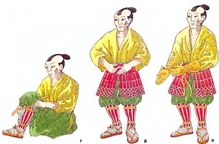 Для защиты голеней поверх гетр самурай надевал кожаные, покрытые металлическими чешуйками щитки 