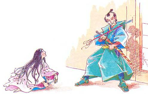 Жена самурая обороняется от вторгшегося к ней вооруженного врага с помощью короткого дротика.