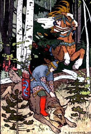 Иван-царевич верхом на сером волке, Елена-Прекрасная верхом на злотогривом коне