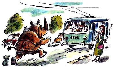 носорог бежит за тролейбусом