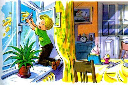 мальчик Дениска выкидывает в окно кашу из тарелки