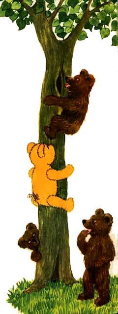 медвежонок Тедди Брюмм с медвежатами лезет на дерево