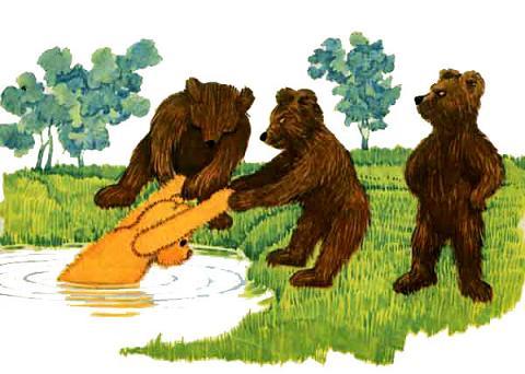 медвежата вытаскивают медвежонка Тедди Брюмма из воды