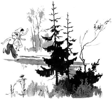 мальчик и девочка бегут через лес
