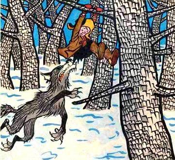 мальчик на дереве волк схватил за штаны