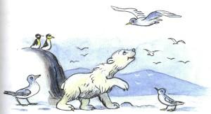 белый медвежонок умка и чайки на льдине