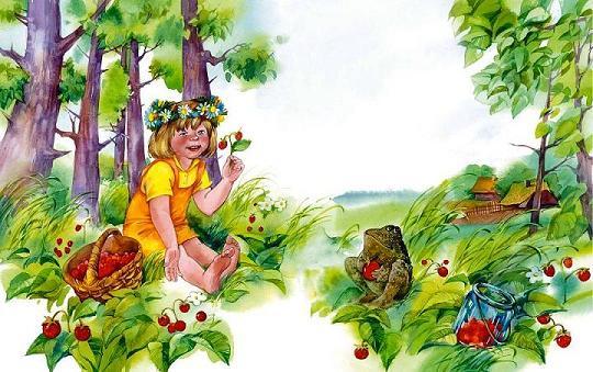 девочка собирает ягоды в лесу