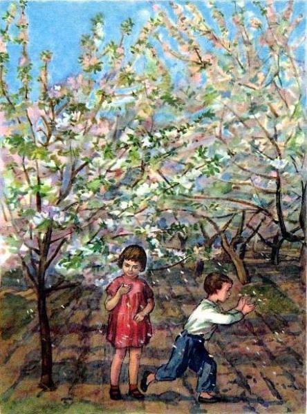 дети в яблоневом саду