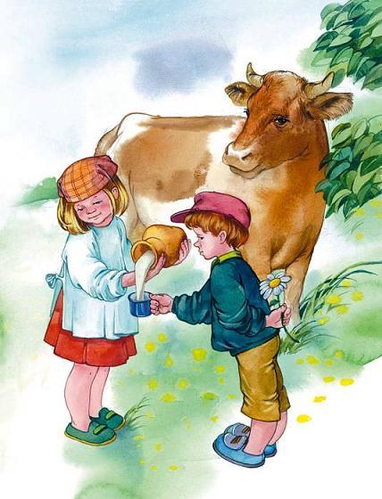 корова дети наливают молоко