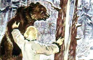 Подвел Матти медведя к толстой ели, надрубил ее топором, в щель клин вставил.