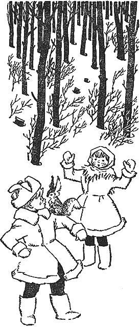 мальчик и девочка в заснеженном лесу белка на плече
