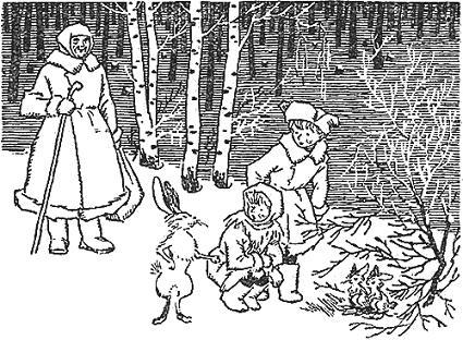 дети встретили в заснеженном лесу зайчика