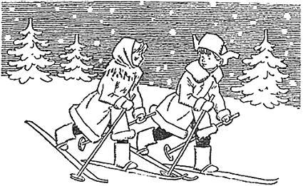 мальчик и девочка идут на лыжах по снегу