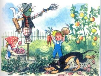 дети мальчик и девочка в огороде страшила собака кошка яблоня картошка