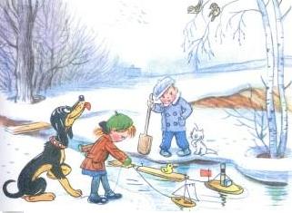 дети мальчик и девочка пускают кораблики в ручье тает снег собака рядом