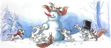 Ёлка лепят снеговика зайцы белки и щенок