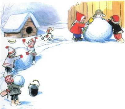 Ёлка дети лепят снеговика на улице снег
