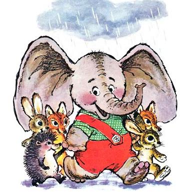 Слонёнок стал большим зонтиком. И лисята, и зайчата, и ежата — все прятались под его большими ушами от дождя