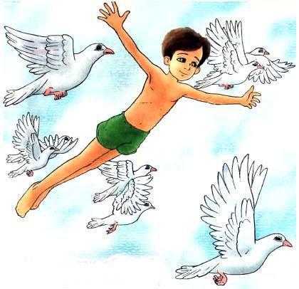 мальчик летит с голубями