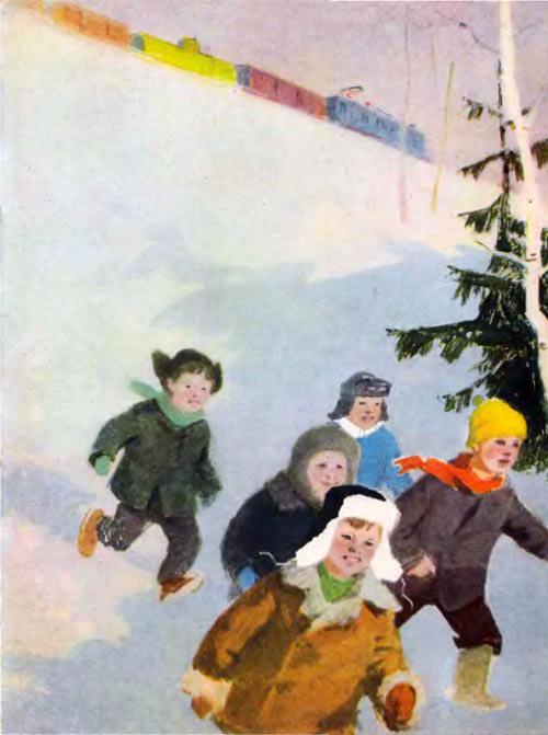 дети бегут по снегу
